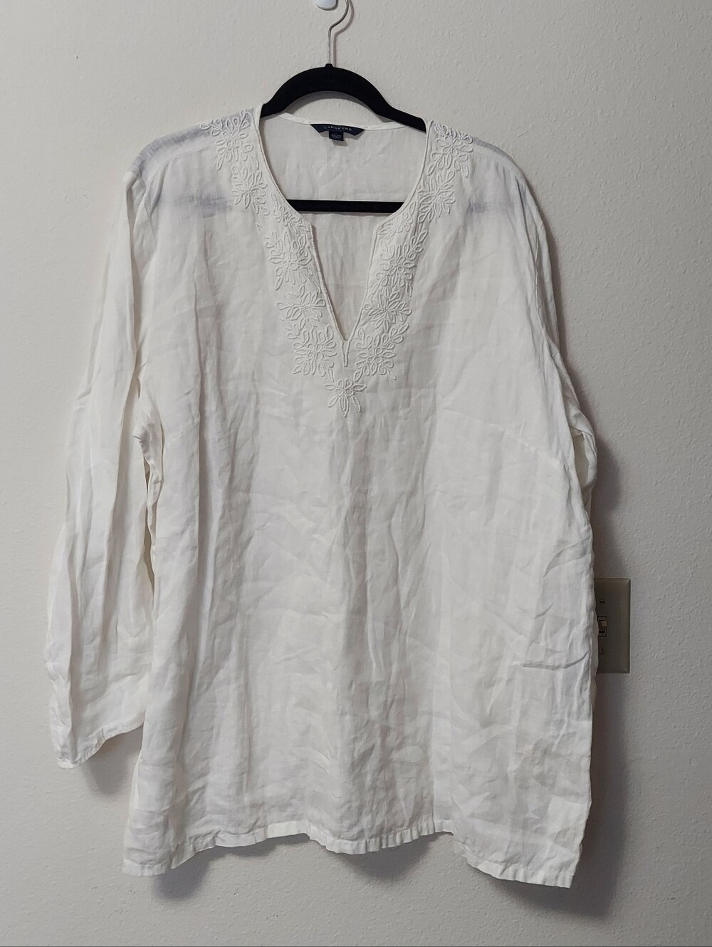 Lands' End White Beaded V-Neck Linen Tunic